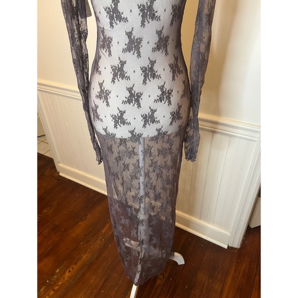 Free People Floral Lace Sheer Maxi Dress Long Sleeve Grey Boat Neck New size XS - Picture 11 of 11